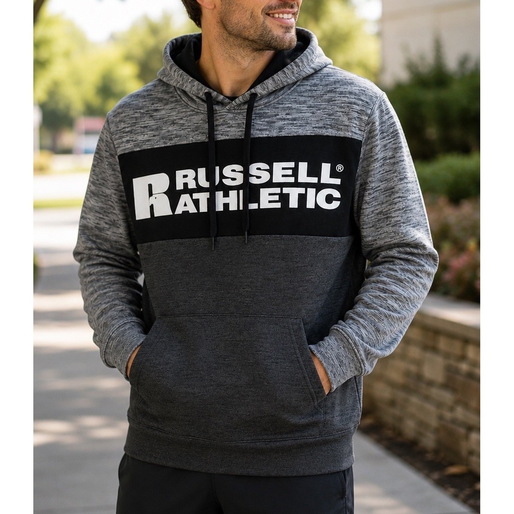 Russell Athletic Mens Small Black Gray Color Block Pullover Hoodie RMT0341 NEW